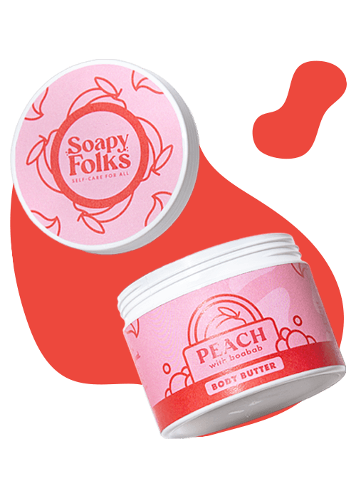 sf-products-body-butter-peach-hover-1 peach soapyfolks body butter on red abstract background