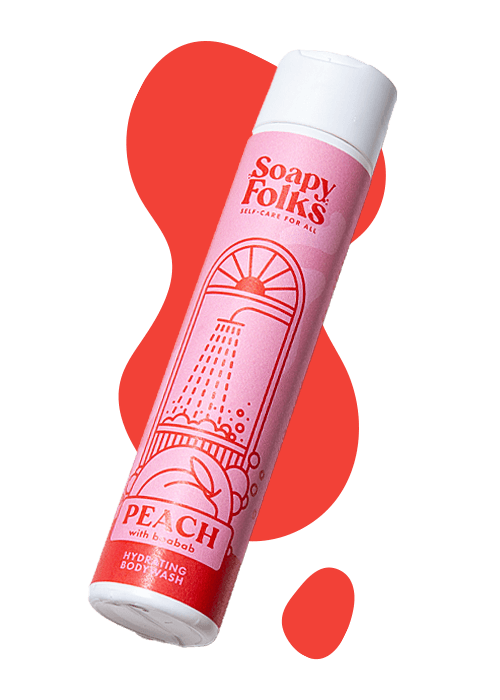 sf-products-body-wash-peach-hover-1 peach soapyfolks body wash on abstract red background