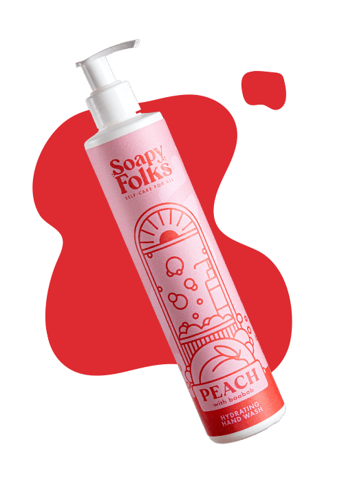 sf-products-hand-wash-peach-hover-1 peach soapyfolks hand wash on red abstract background
